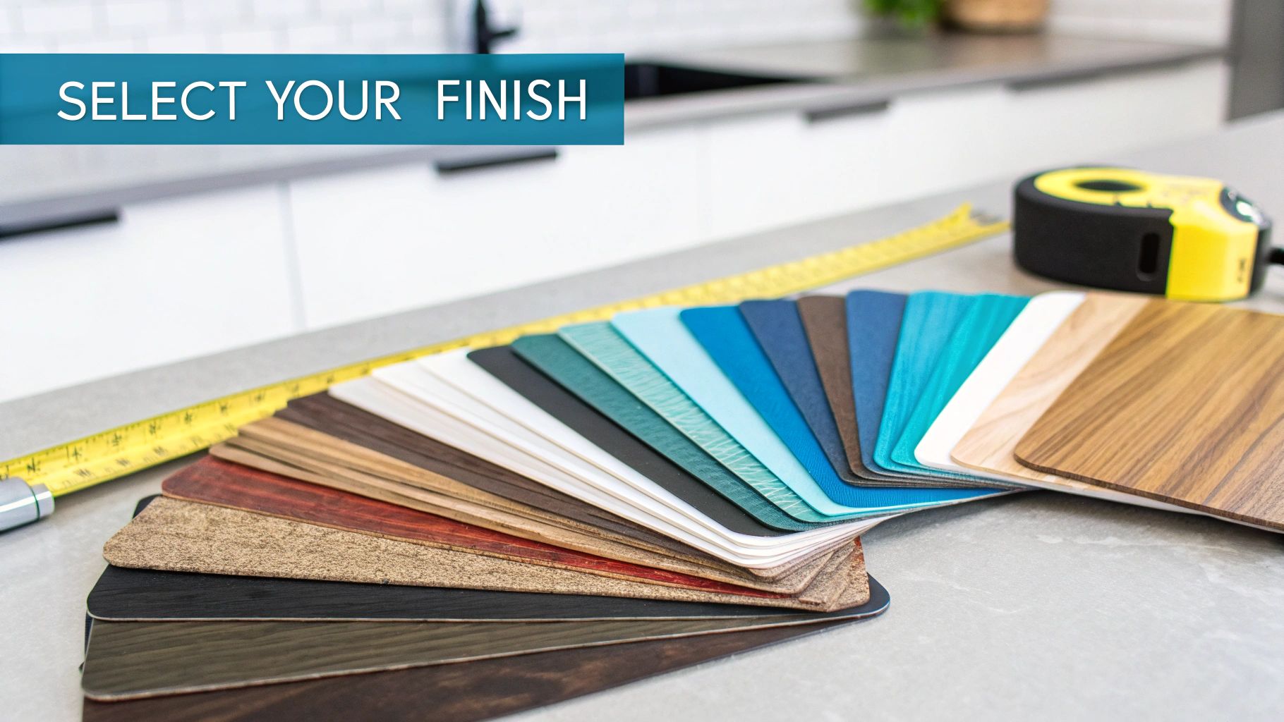 Close-up of a textured wood grain vinyl wrap being applied to a kitchen cabinet door.
