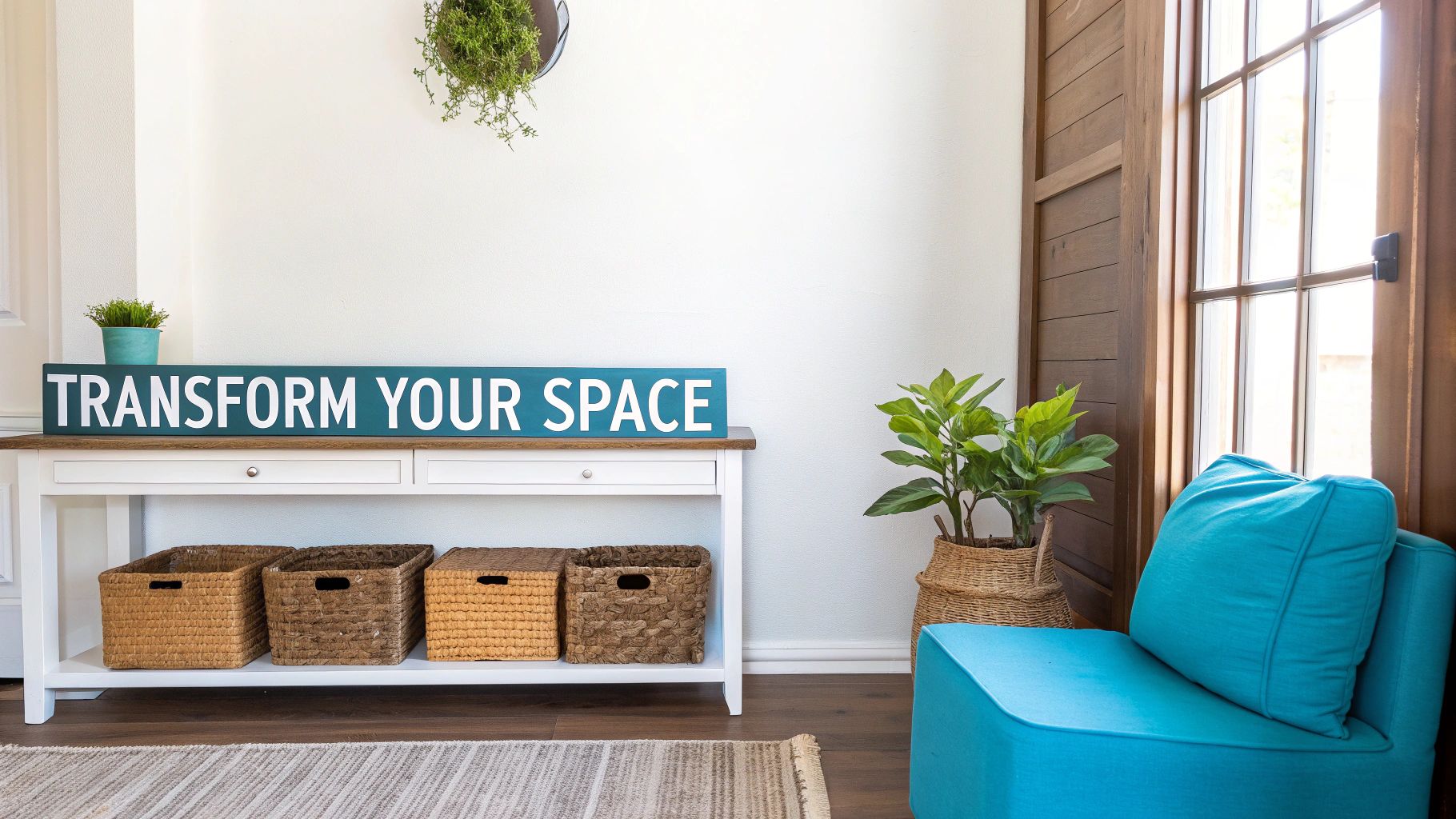 A room featuring a white console table with a 'TRANSFORM YOUR SPACE' sign, plants, and woven baskets.