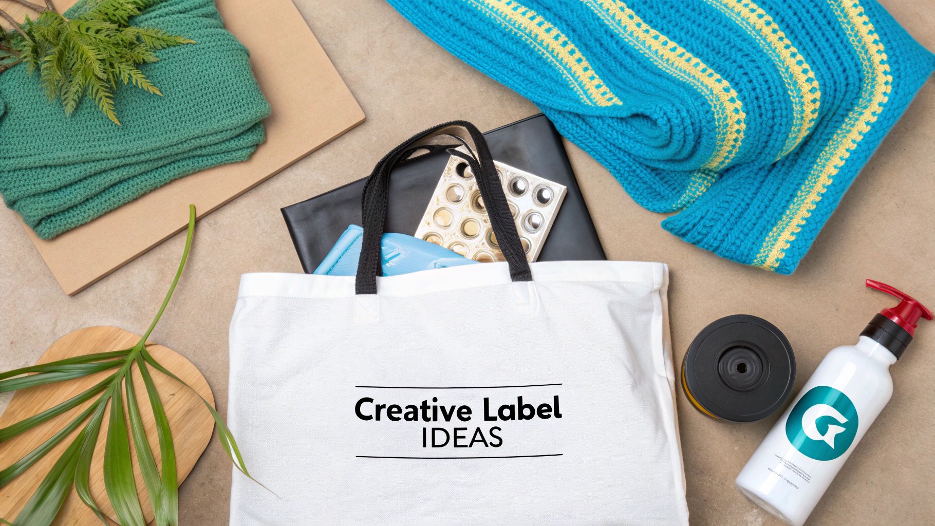 A flat lay of a white tote bag with 'Creative Label IDEAS' text, green blanket, blue scarf, and crafting items.