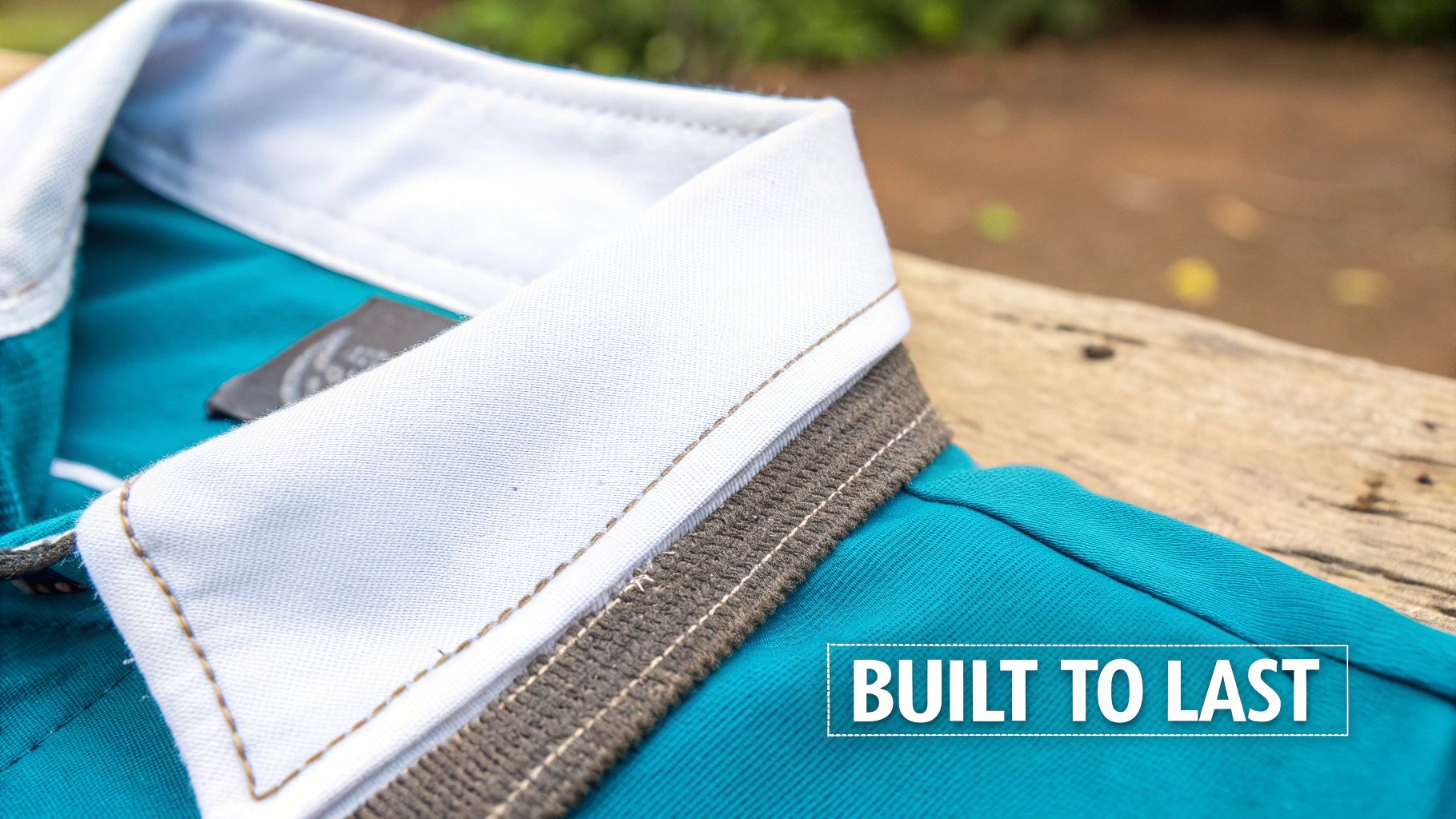 Close-up of a durable teal polo shirt collar with white trim, featuring an internal label and 'Built to Last' text.