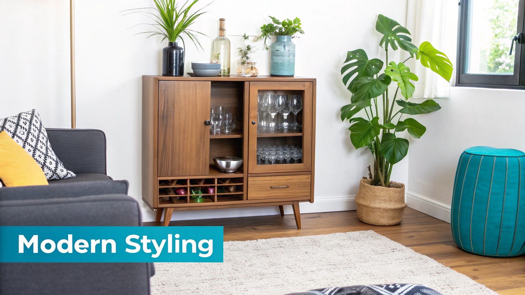 An antique drinks cabinet styled with modern glassware and accessories.