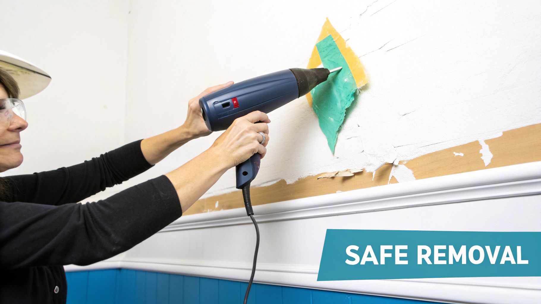 Person in safety glasses uses a heat gun to safely remove old wallpaper from a wall.