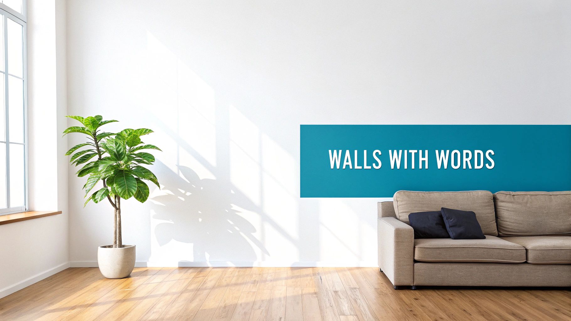 A bright, minimalist living space featuring a potted plant, a light brown sofa, and a teal wall sign 'WALLS WITH WORDS'.