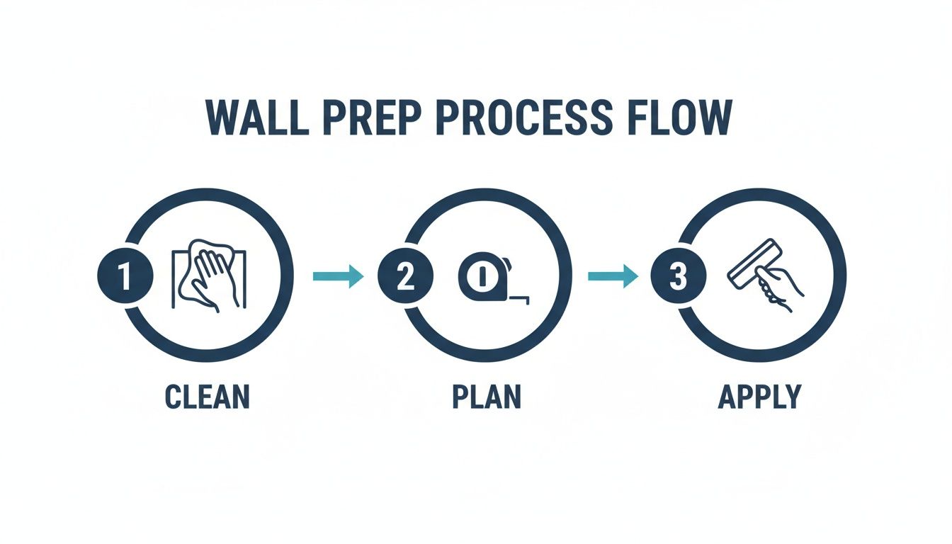 A three-step process flow for wall preparation, showing steps Clean, Plan, and Apply.