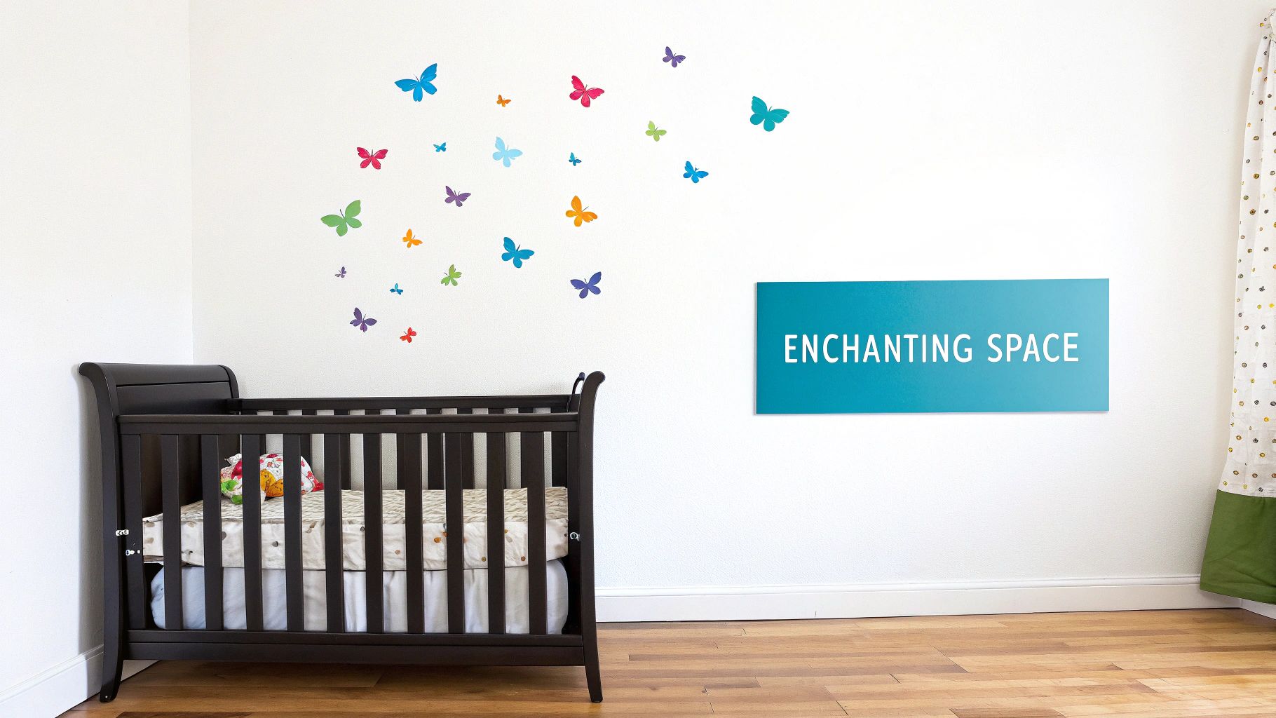 A dark wood baby crib in a white nursery room with colorful butterfly wall stickers and a blue sign.