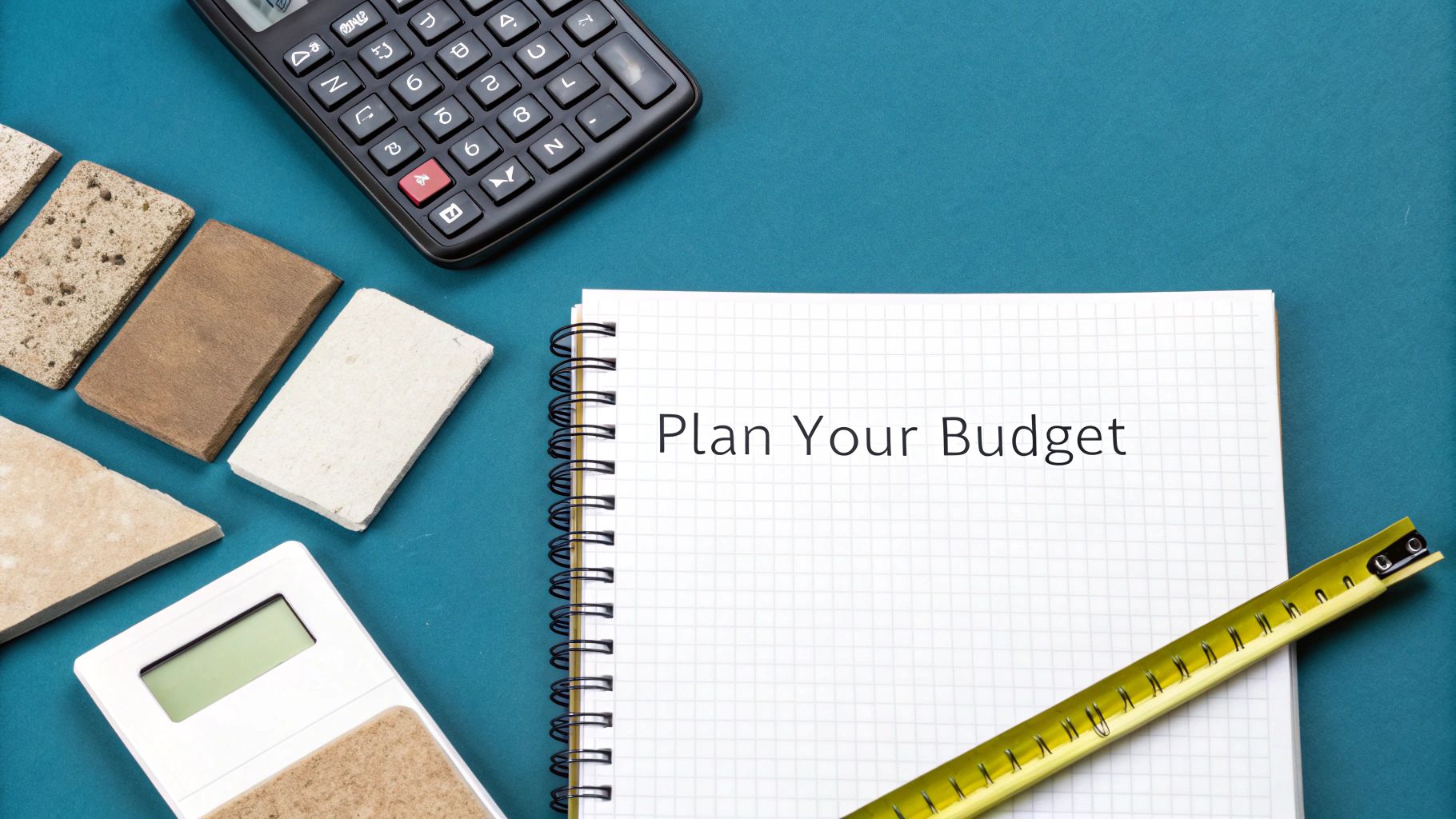 Overhead shot of a notebook with 'Plan Your Budget', calculator, measuring tape, and material samples on a teal background.