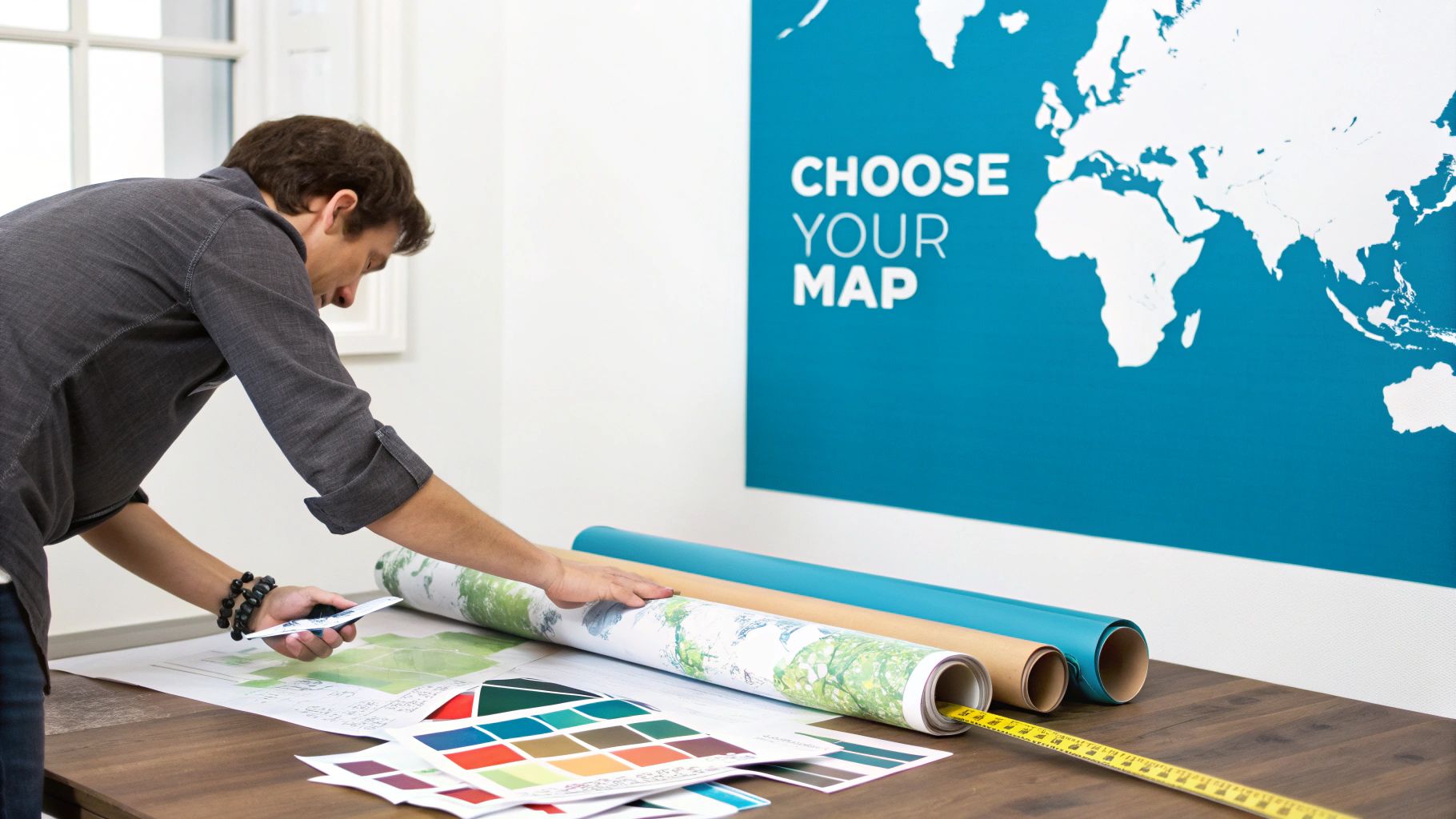 A person choosing map designs and colors for custom wall decals on a table.