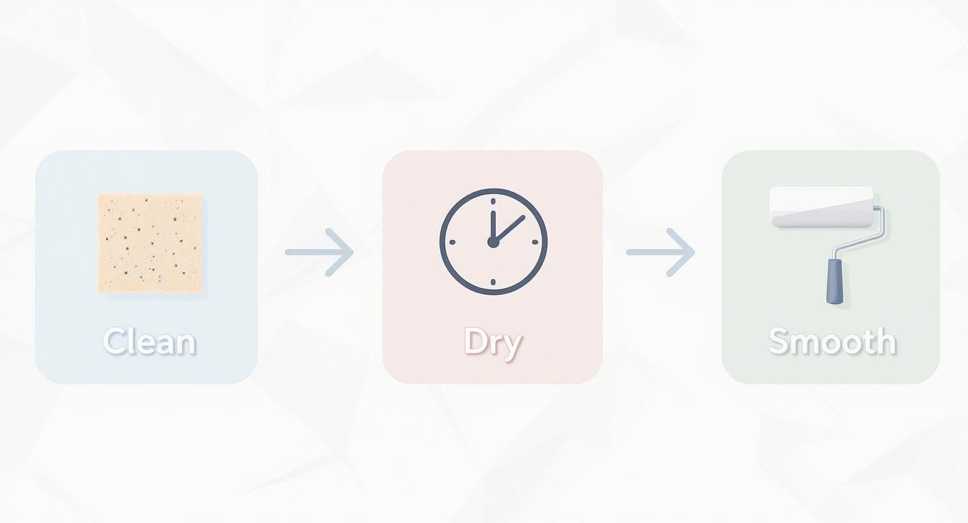 Three-step wall preparation process showing clean surface, drying time with clock, and smooth painting with roller