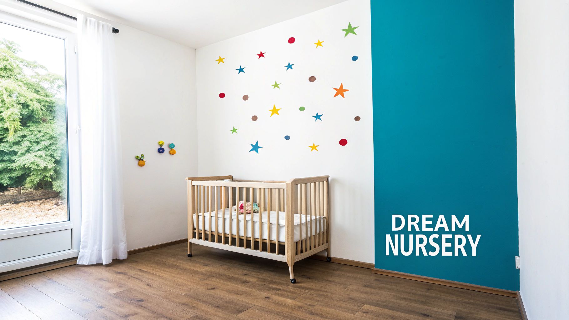 A cozy baby nursery featuring a wooden crib, vibrant star wall stickers, and a large window.