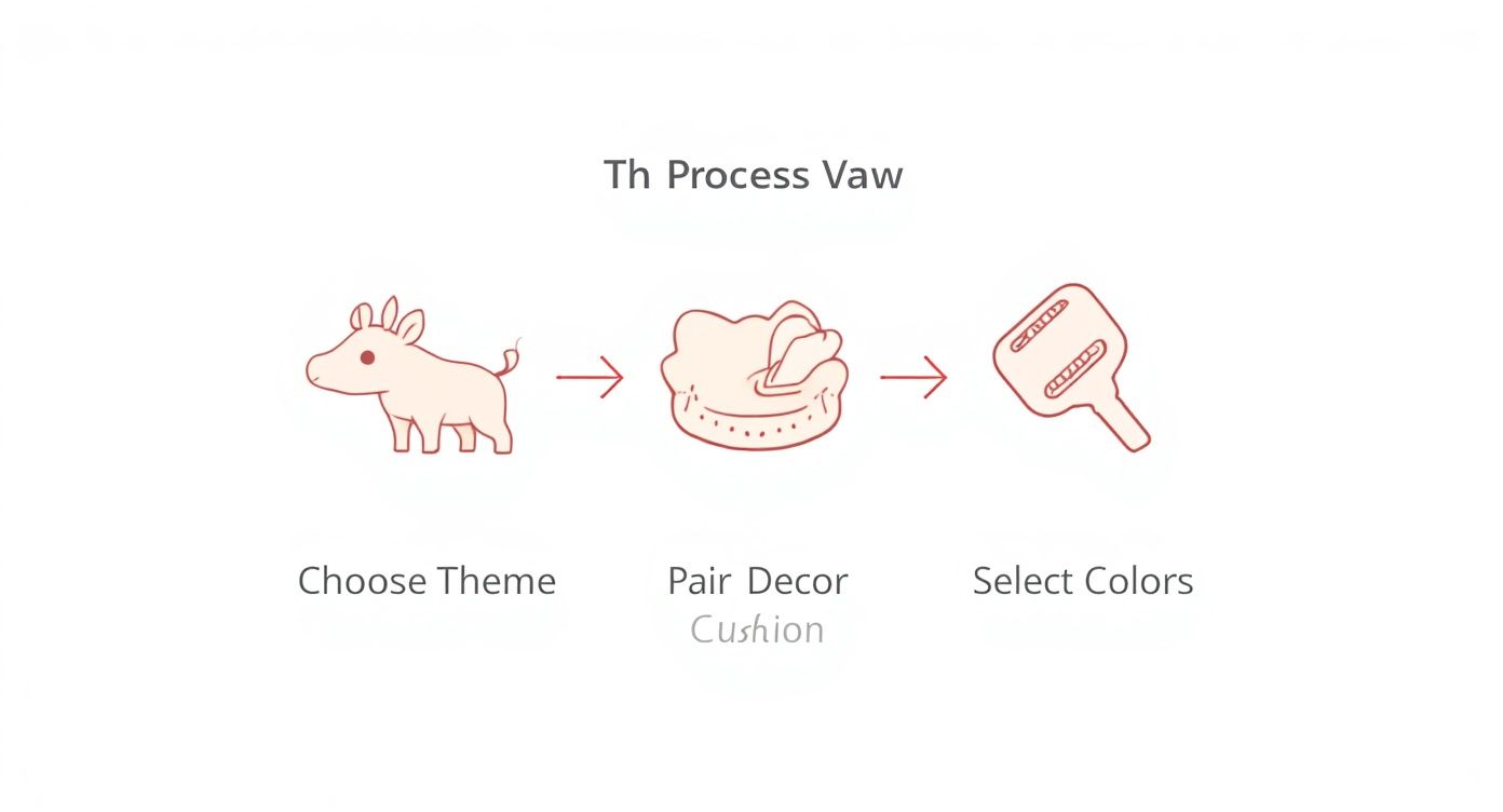A lighthearted diagram showing three steps for a design process: choose theme, pair decor, and select colors.