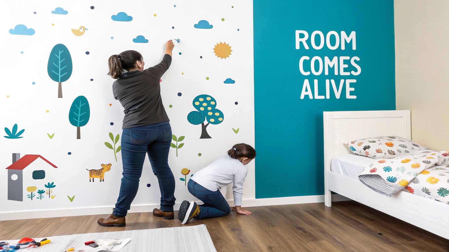 An adult and child apply colorful nature-themed wall stickers in a bright kid's room with a bed.