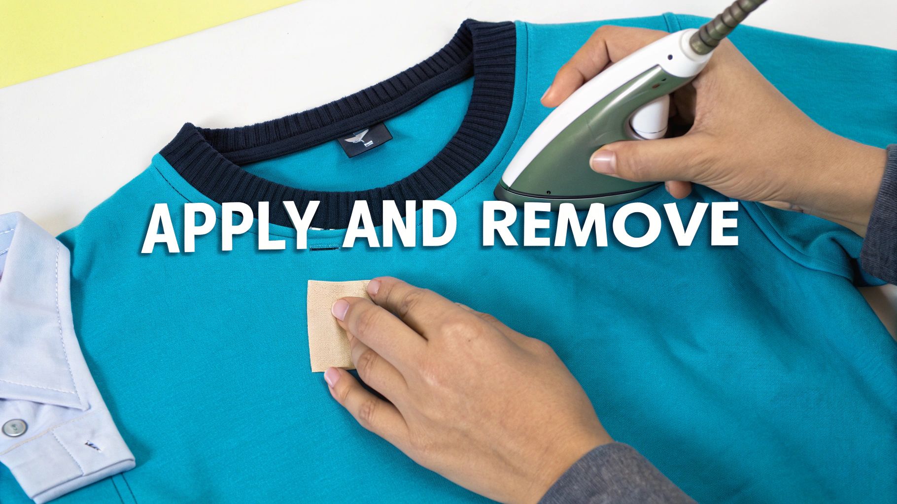 A person applying an iron-on clothing name tag to a child's school uniform with an iron and parchment paper.