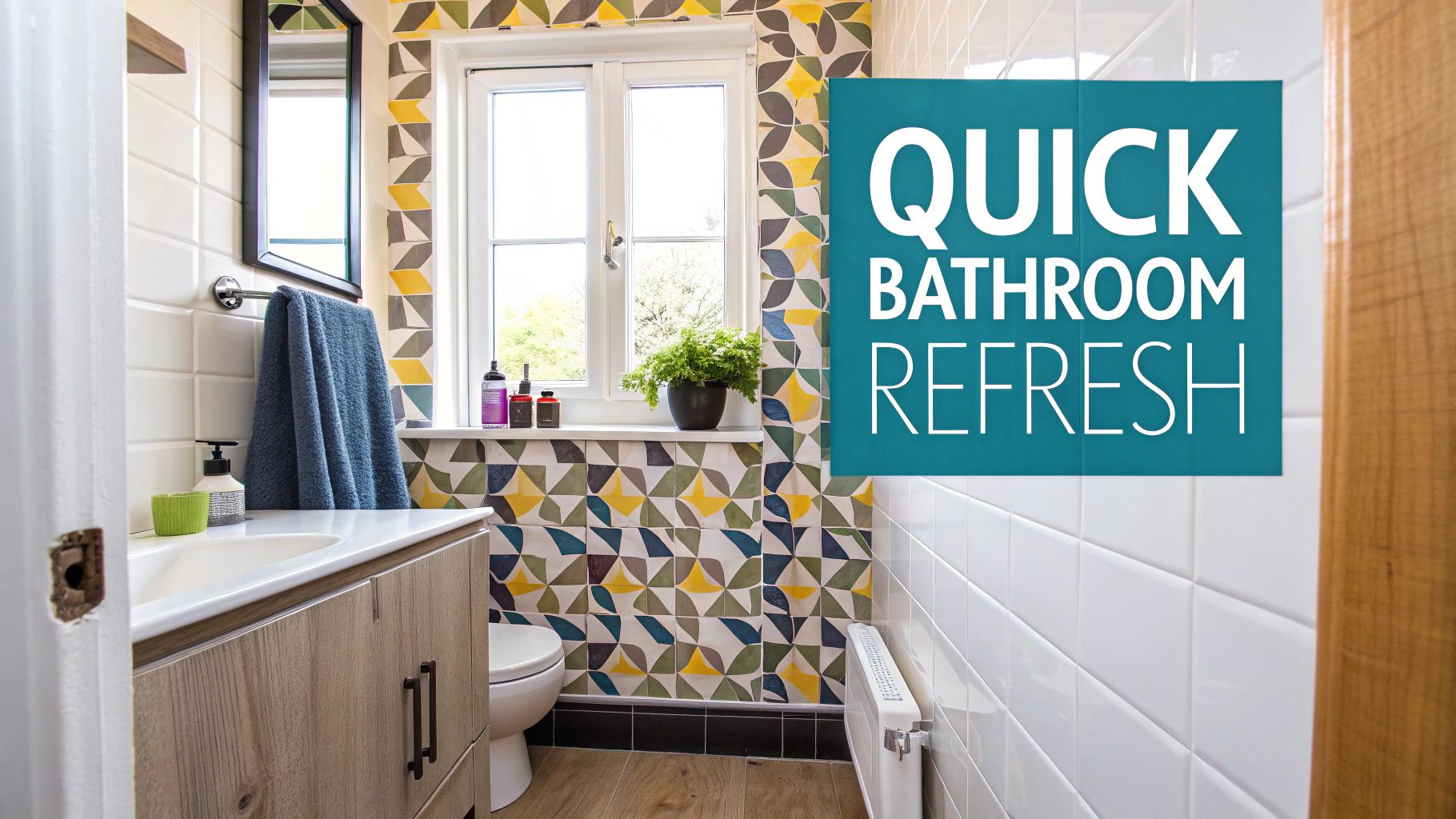 A stylish bathroom featuring blue and white geometric peel and stick wallpaper behind the sink and mirror.