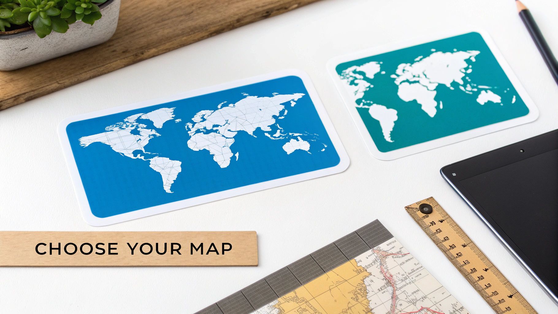 A flat lay showing two colorful world maps, a wooden sign reading 'CHOOSE YOUR MAP', and office supplies.