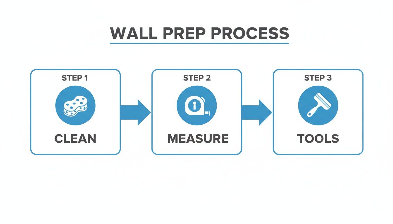 A three-step wall prep process diagram with icons for clean, measure, and tools, connected by arrows.