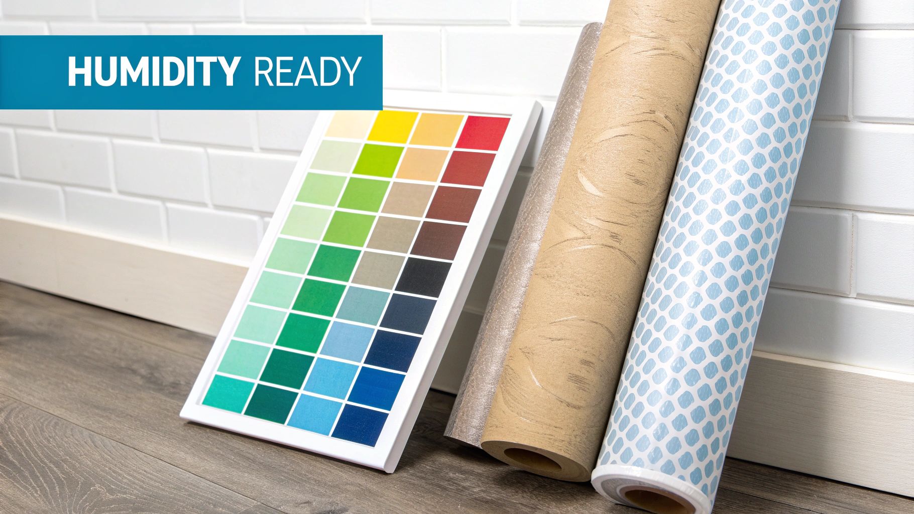 Various wallpaper rolls, a color chart, and a 'Humidity Ready' banner on a dark floor.