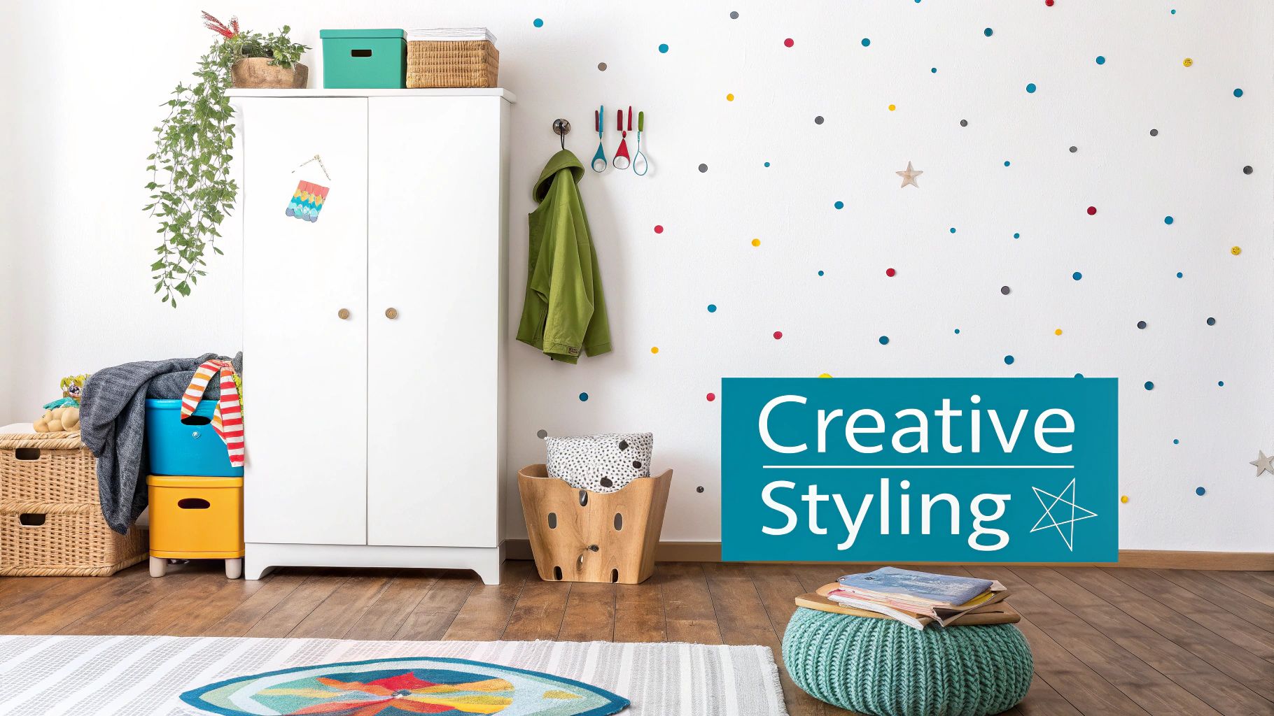 A brightly decorated children's room featuring a white wardrobe and colorful polka dot wall decals.