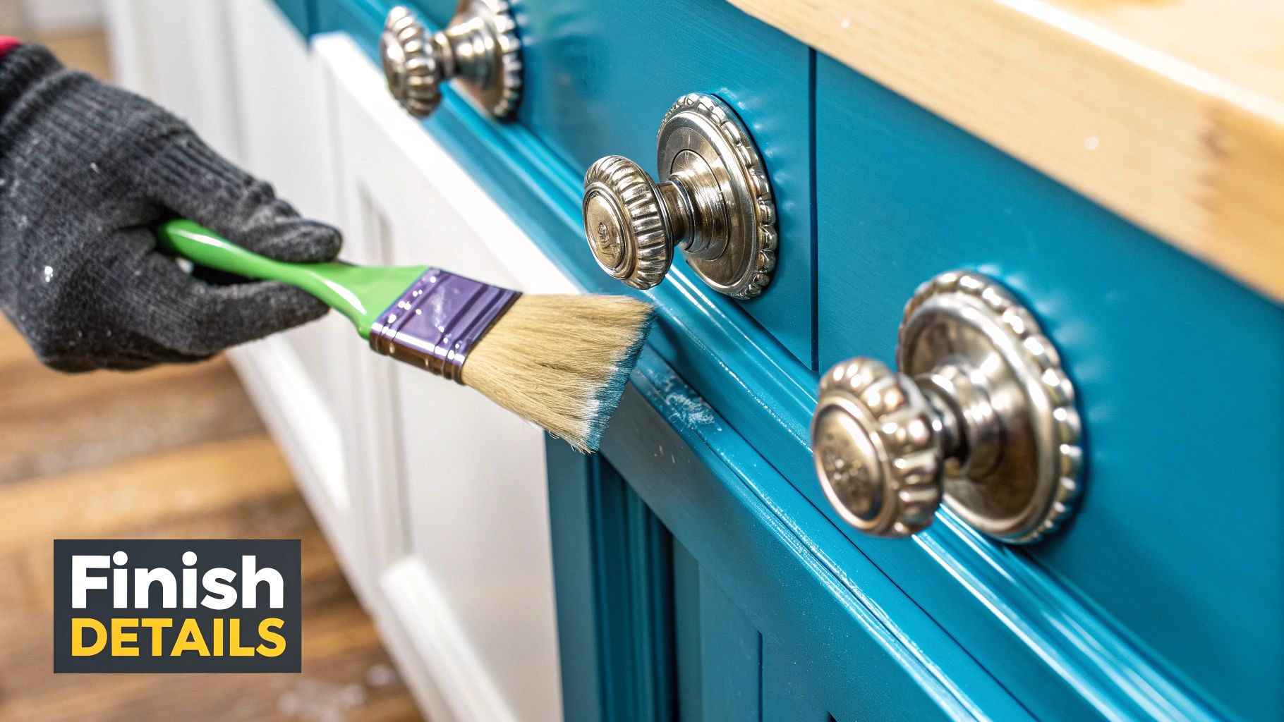 A close-up of a person's hand installing a new, stylish gold hexagonal knob on a freshly painted white drawer.