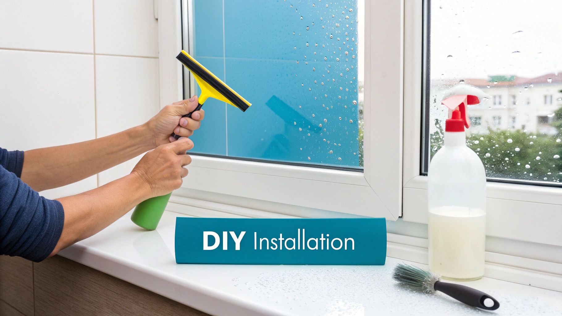 A person applying window privacy film to a glass pane using a squeegee.