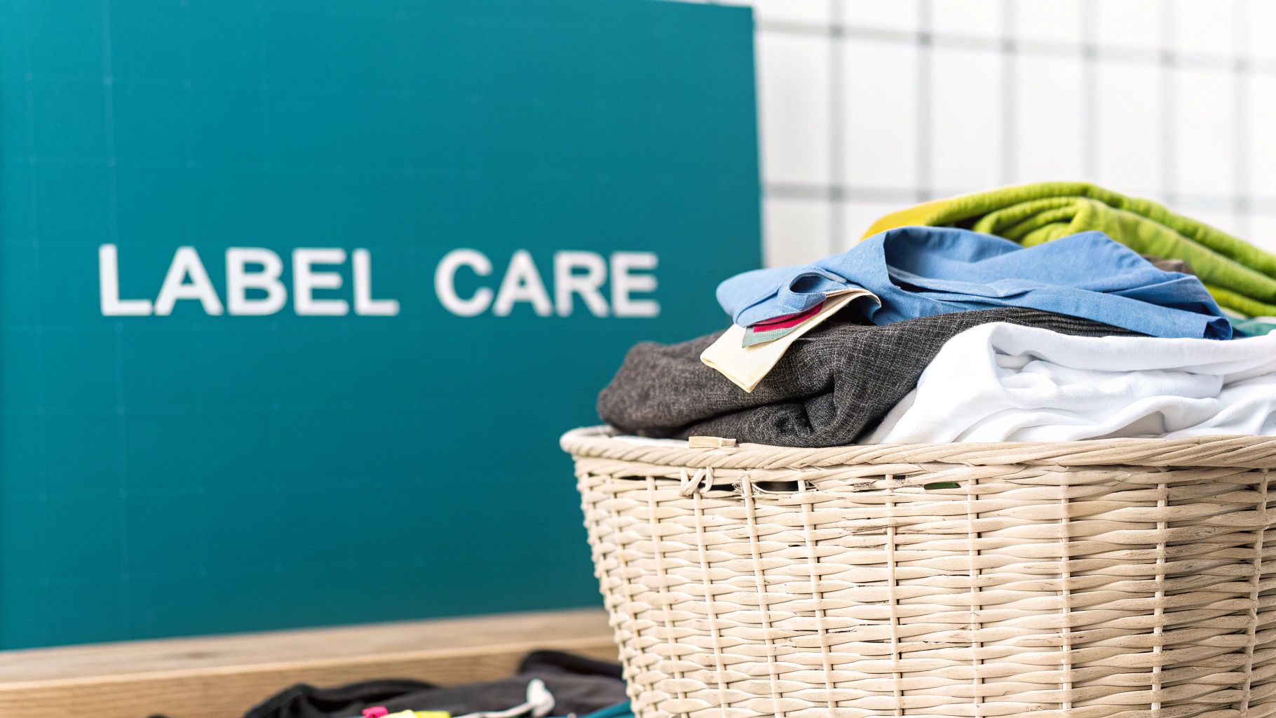 A laundry basket overflowing with various clothes, with a "LABEL CARE" sign in the background.