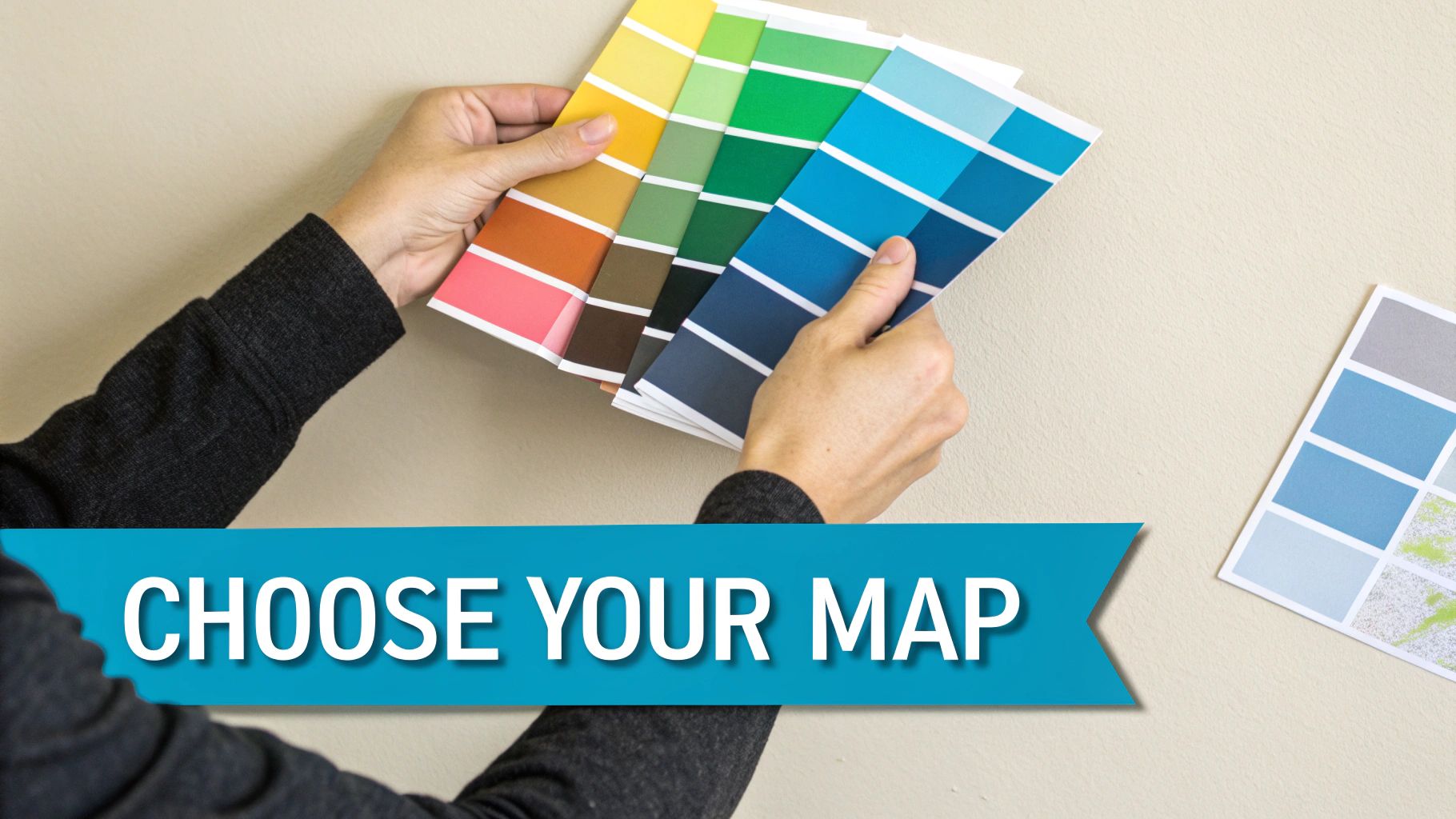 Hands hold vibrant paint color swatches, considering options against a beige wall, with 'CHOOSE YOUR MAP' text.