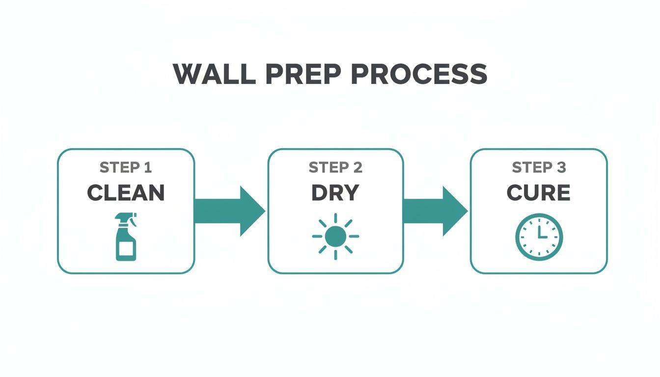 Infographic showing a three-step wall preparation process: clean, dry, and cure.