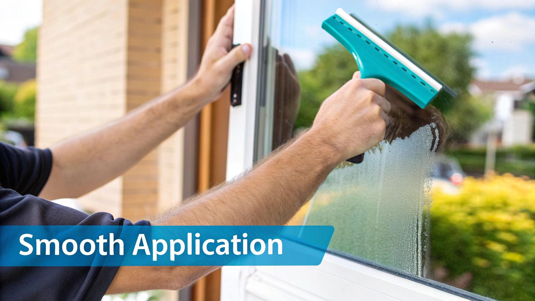 A person's hands using a squeegee to smooth out window privacy film on a clean window pane.