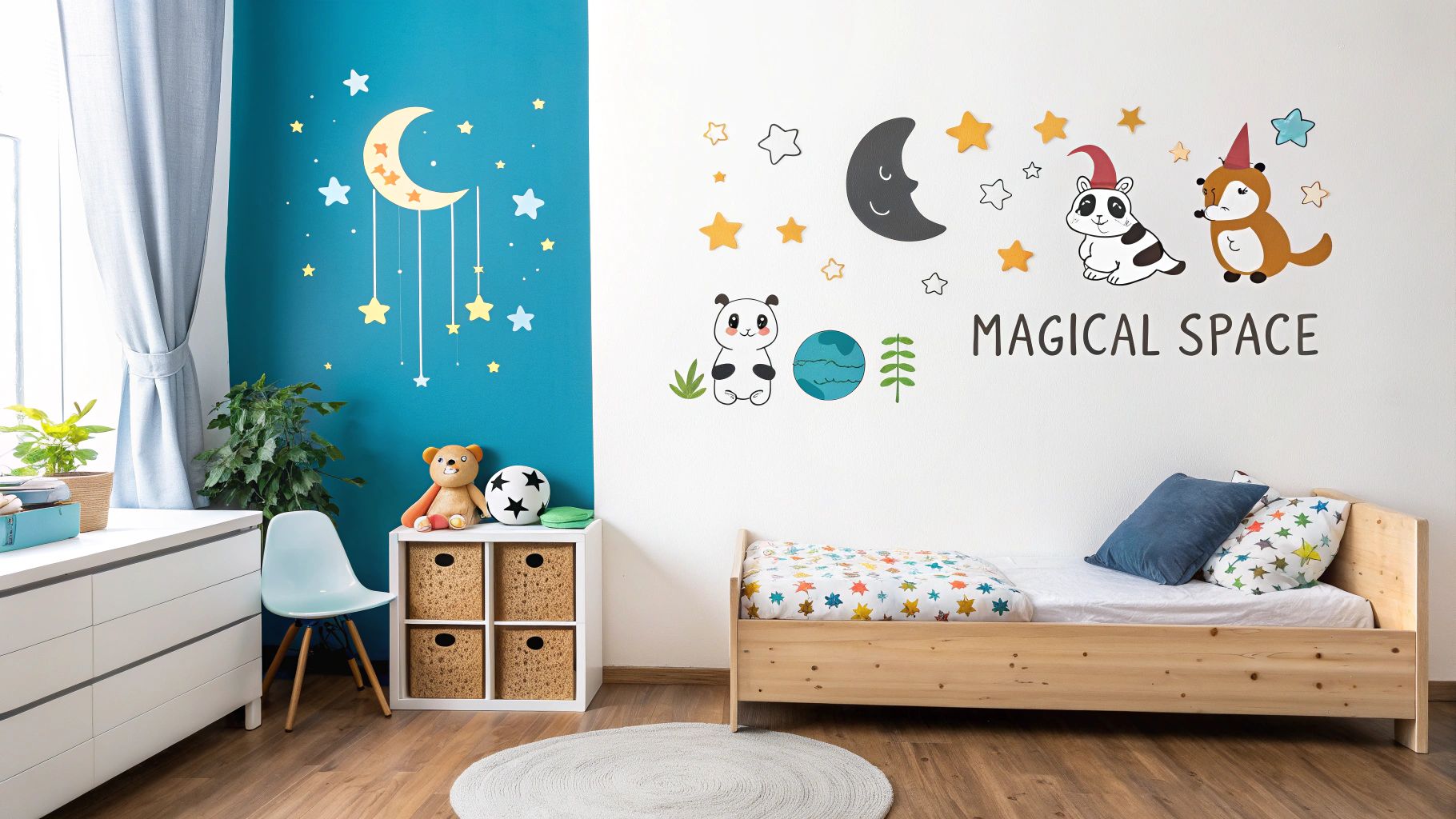 A vibrant child's room with blue and white walls adorned with stars, moon, and animal wall stickers.