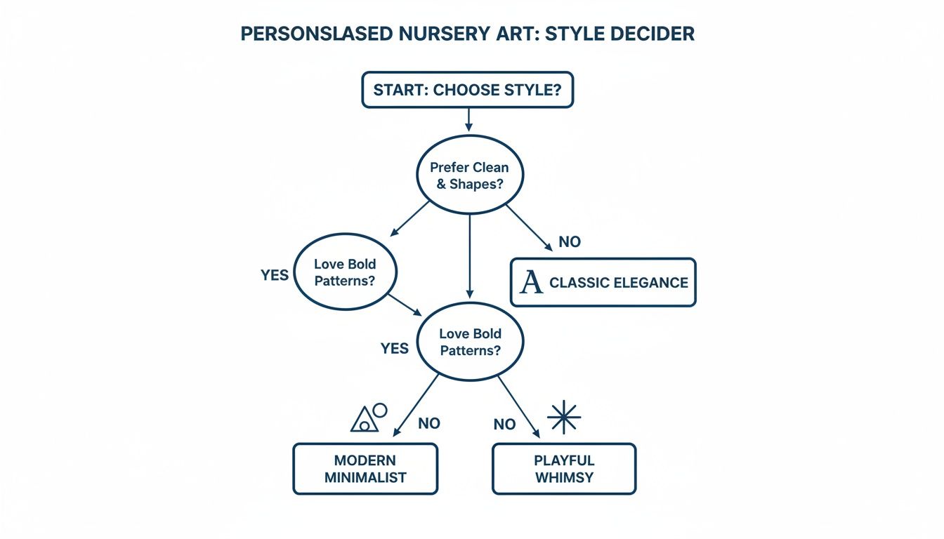 Flowchart guiding users to choose a personalized nursery art style based on preferences for shapes and patterns.