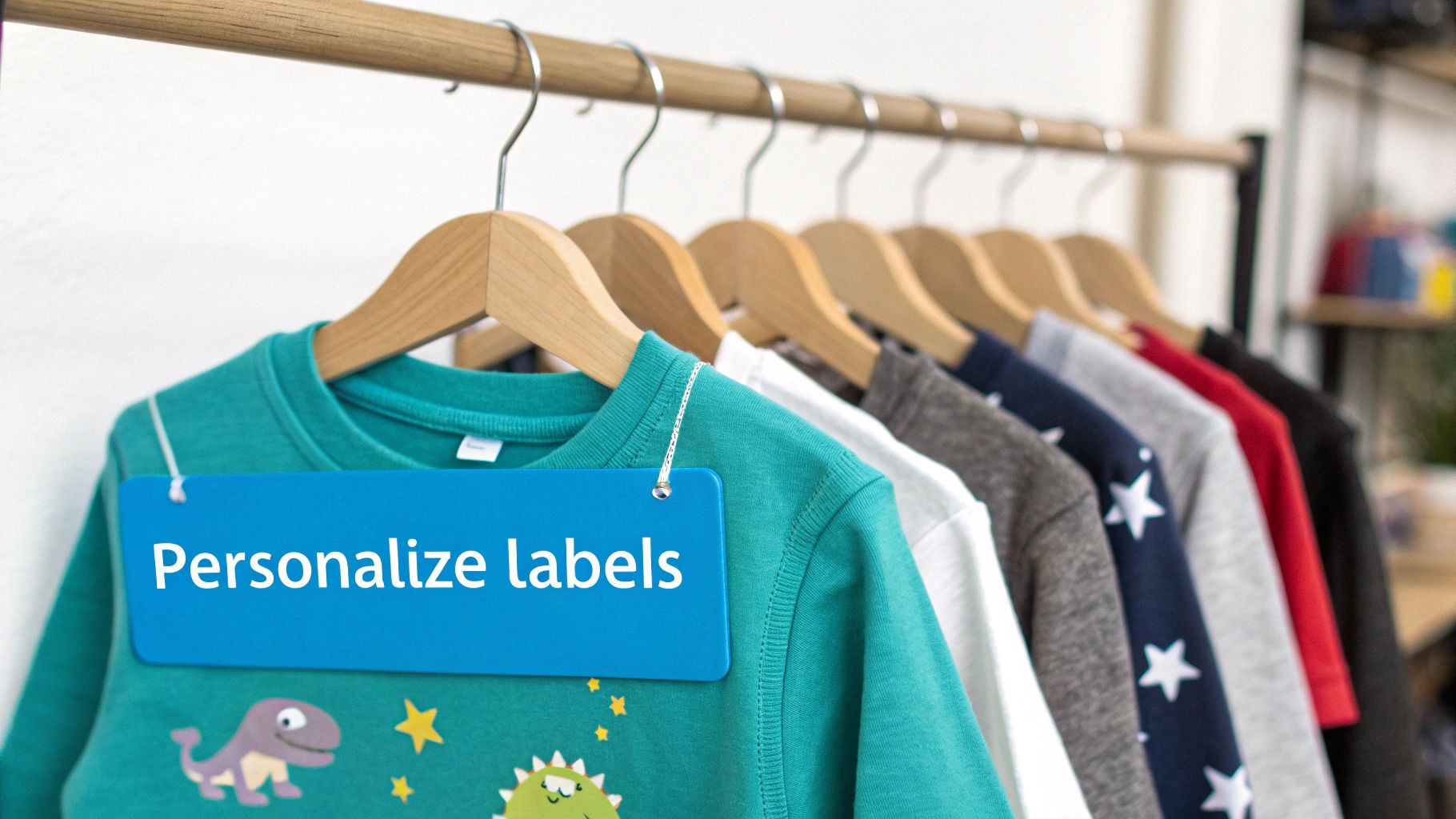 Colorful children's clothing on wooden hangers with blue personalize labels tag attached
