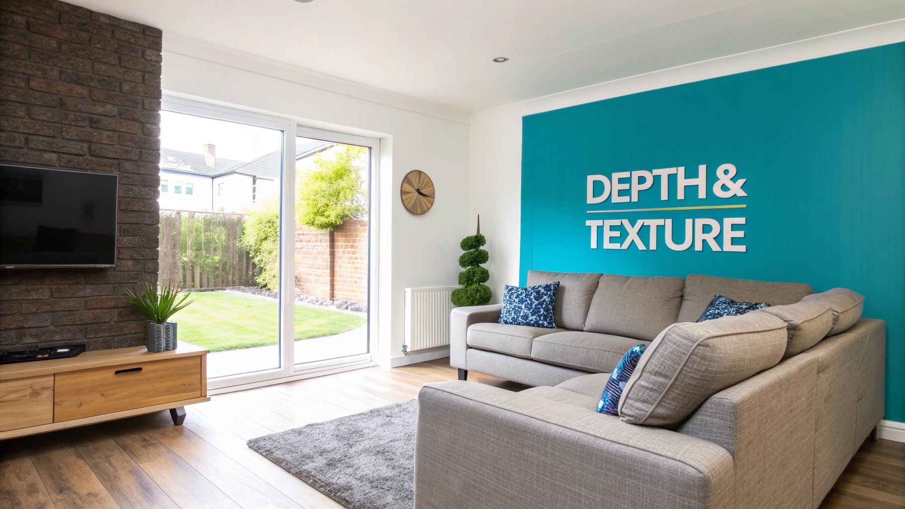 A modern living room featuring a grey sectional sofa, a teal accent wall with 3D letters, and a backyard view.