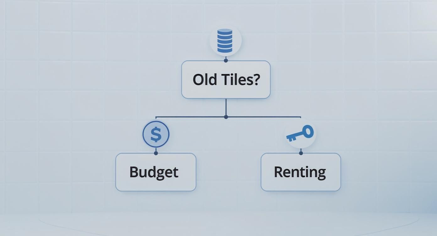 A flowchart illustrating decisions for old tiles, considering budget and renting options.