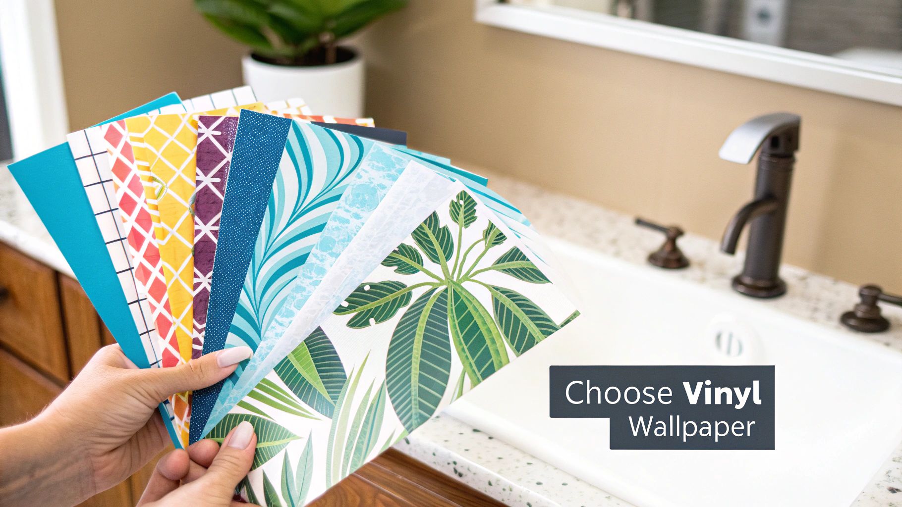 A bathroom with faux marble peel and stick wallpaper on the walls, creating a luxurious and modern feel.