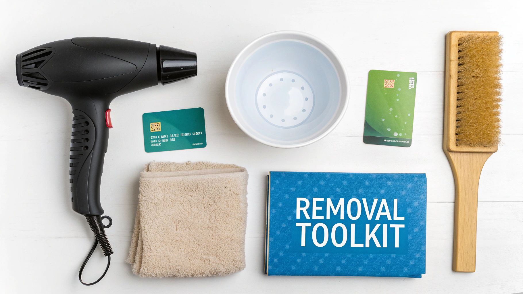 A flat lay of a removal toolkit with a hairdryer, bowl, towel, brush, and cards.