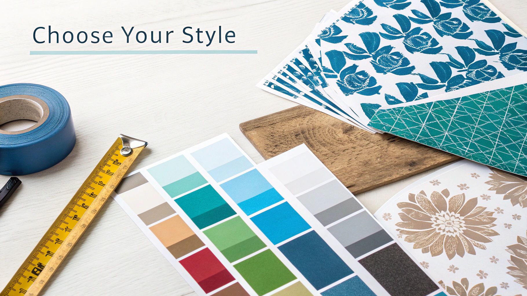 Design inspiration flat lay with color palettes, floral and geometric patterned papers, measuring tape, and blue tape.