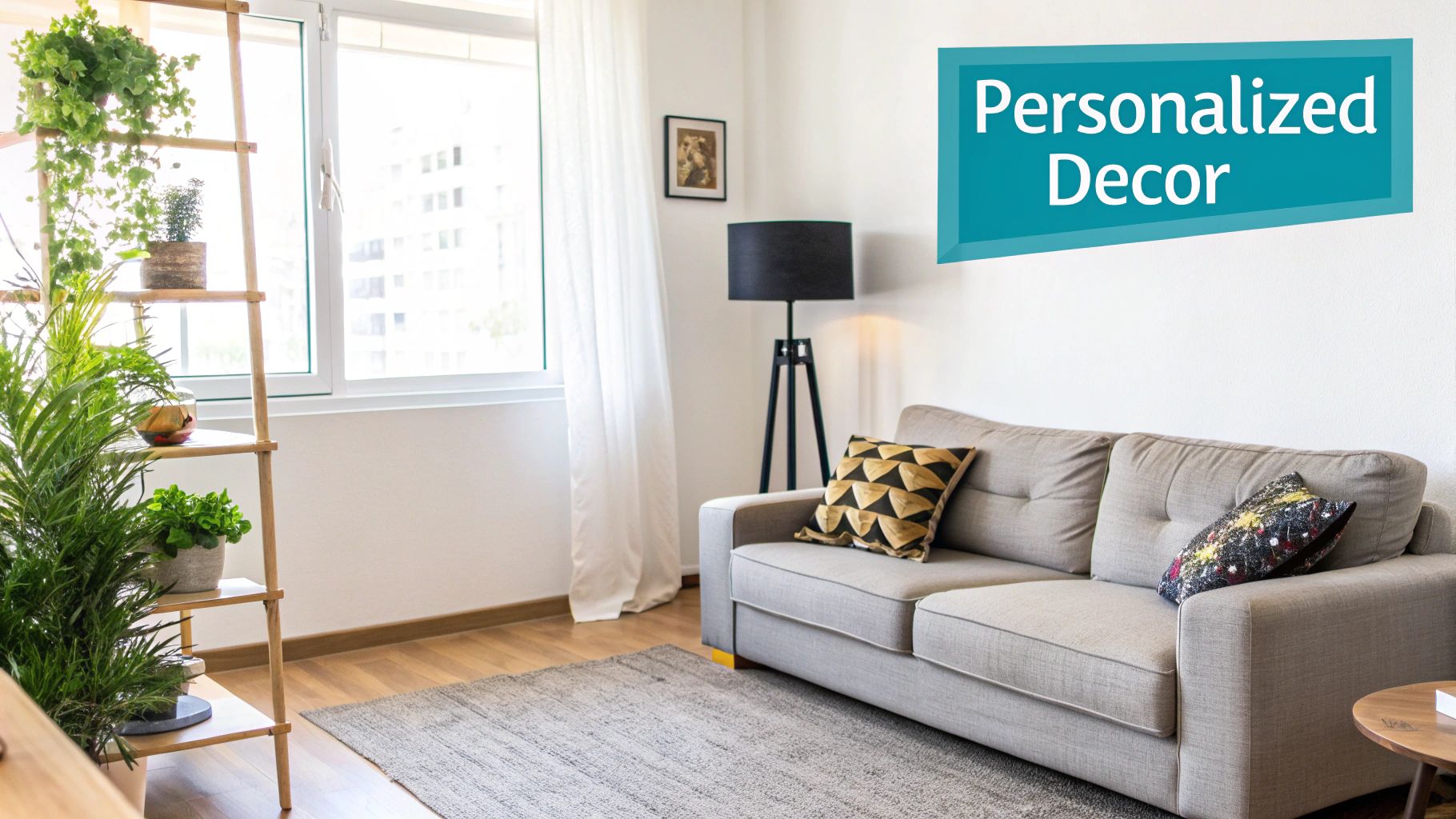 A cozy living room with a light gray sofa, green plants on a wooden ladder shelf, and a black floor lamp.