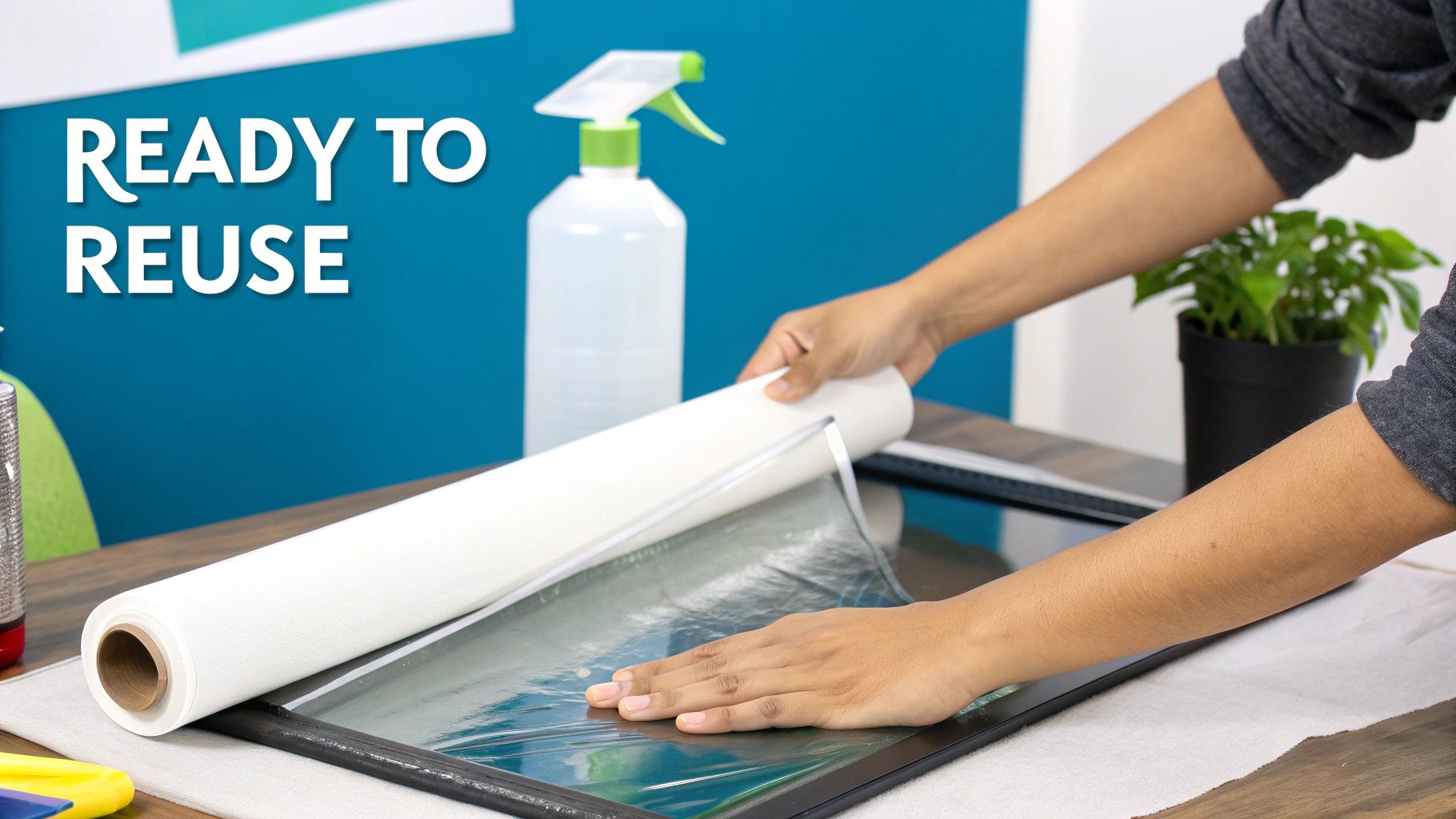 A person's hands smoothly applying a roll of white static cling film onto a dark surface.
