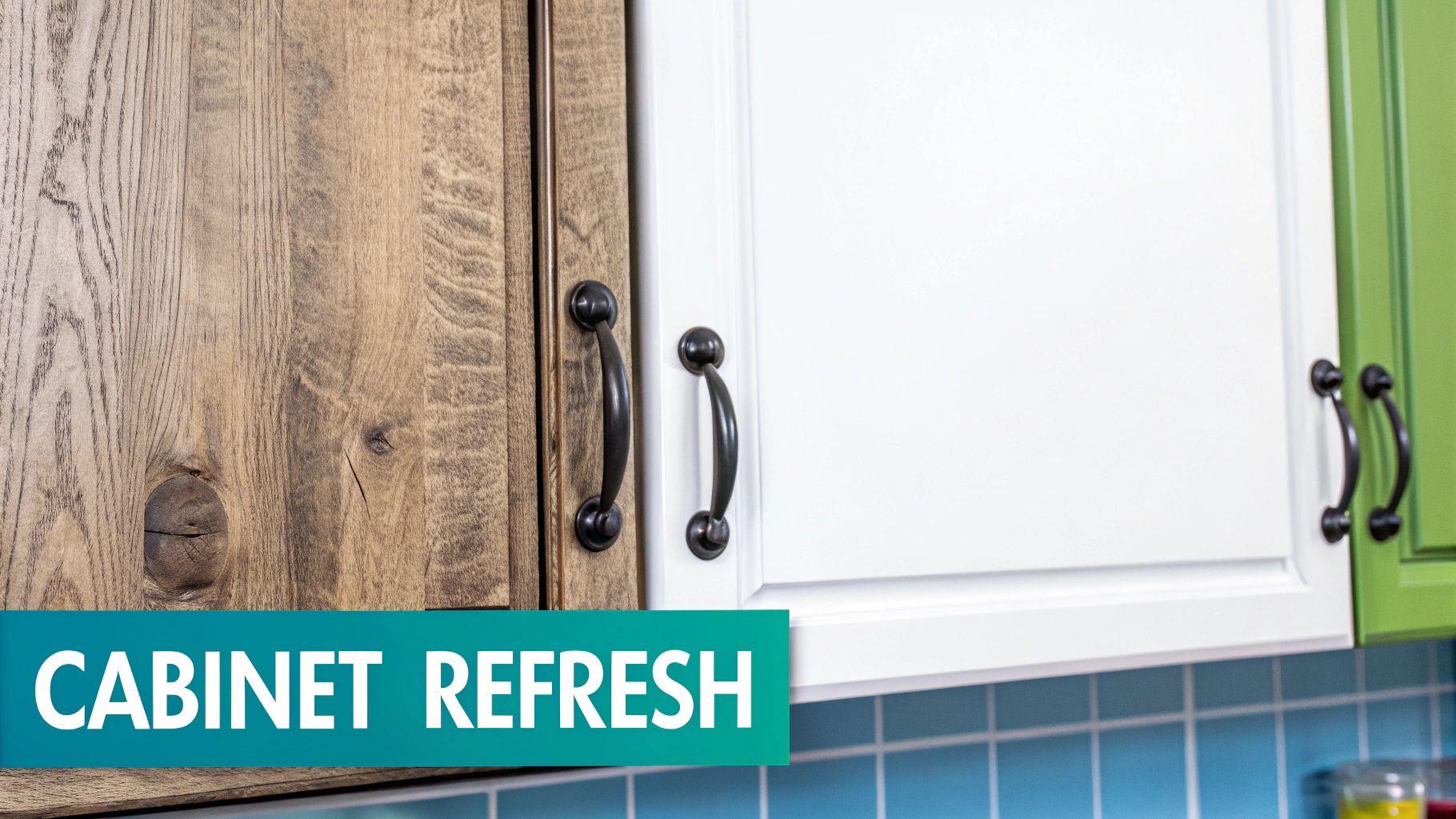 Close-up of kitchen cabinets in different colors: natural wood, white, and green, with dark handles and a blue tile backsplash.