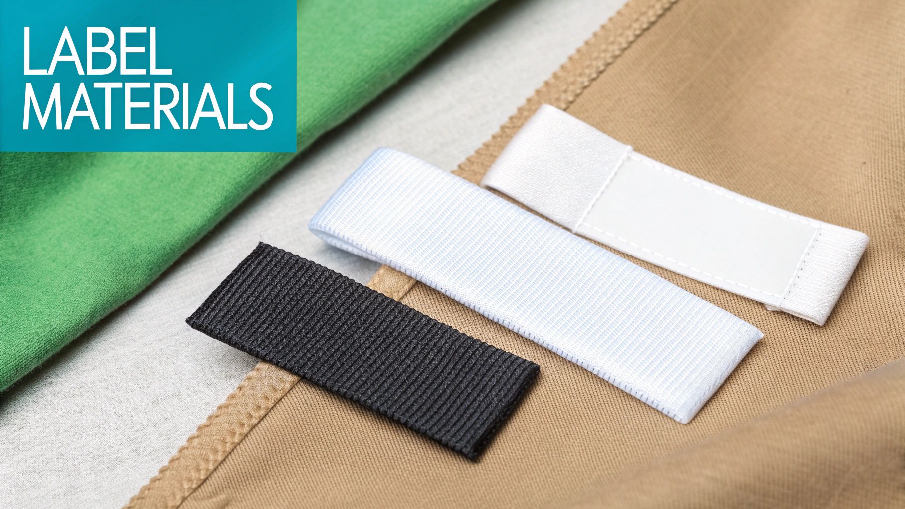 A close-up of various fabric label materials, including black, white, and stitched options on textile backgrounds.