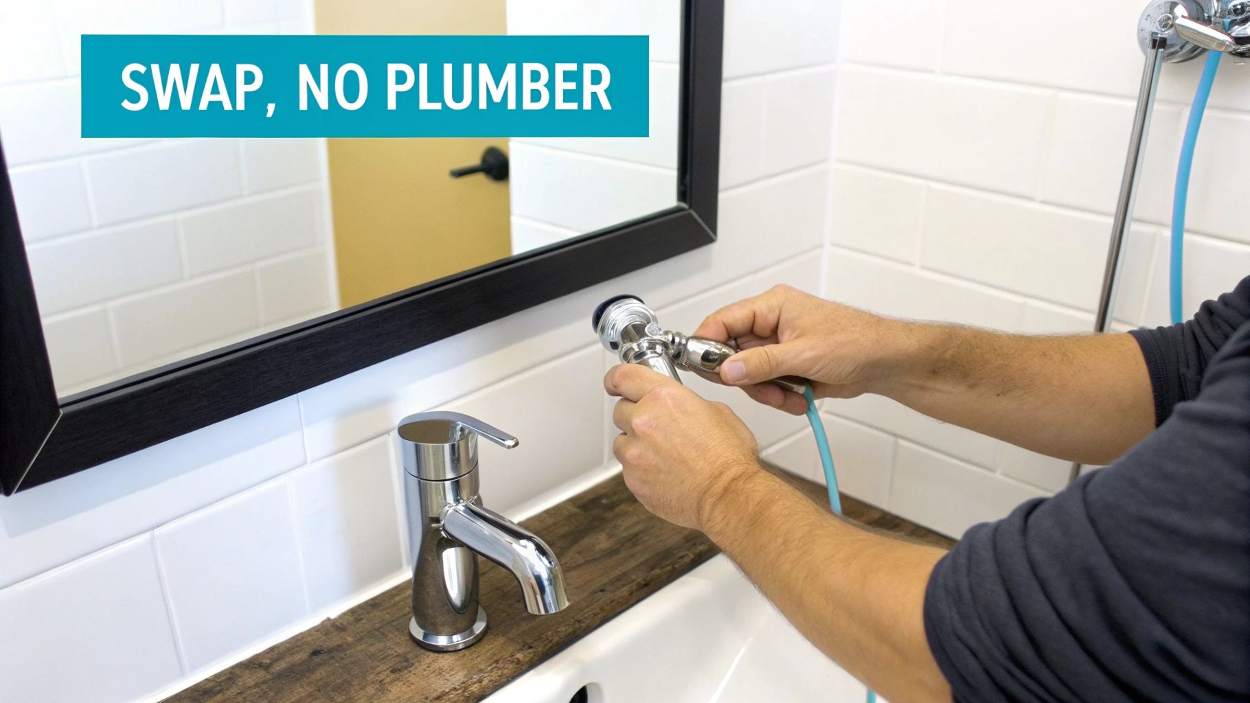 Hands installing a bidet sprayer in a modern bathroom sink with a mirror and subway tiles.