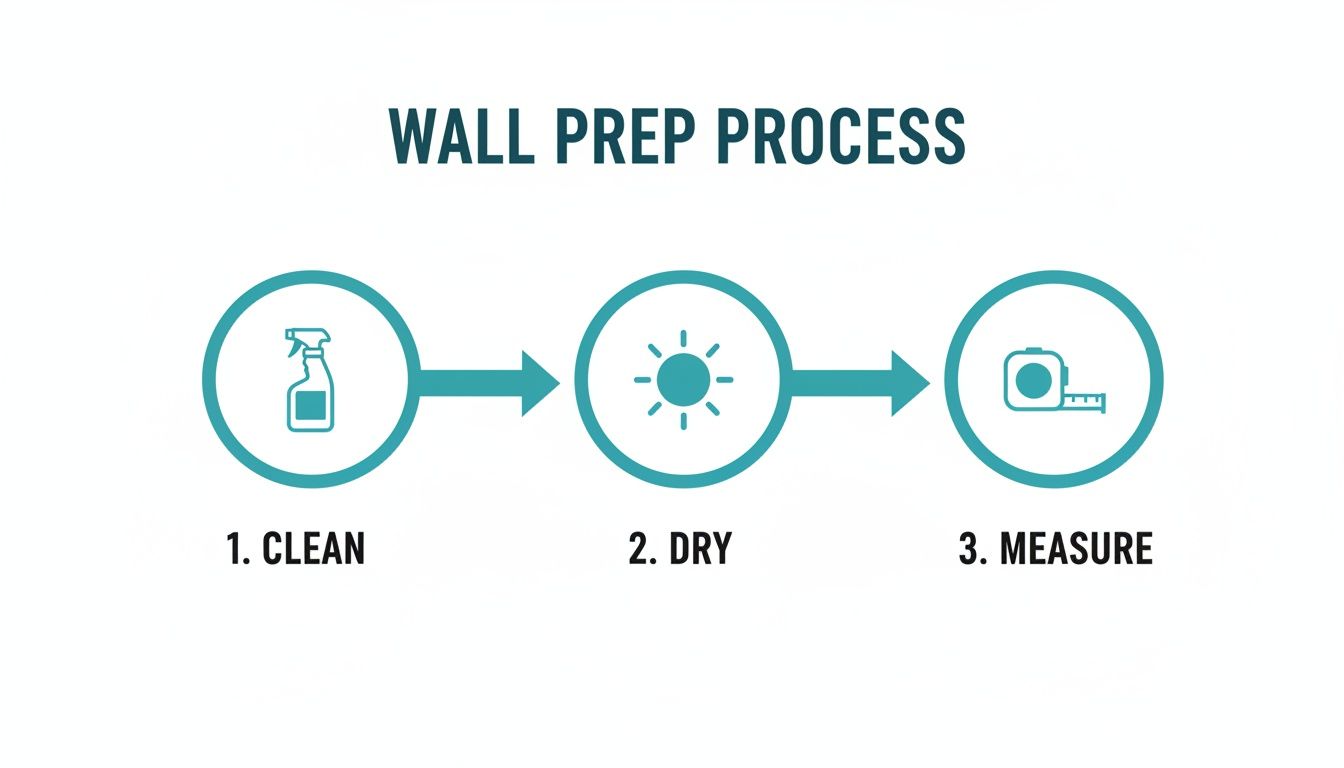 Infographic detailing the three-step wall preparation process: clean, dry, and measure, illustrated with icons.