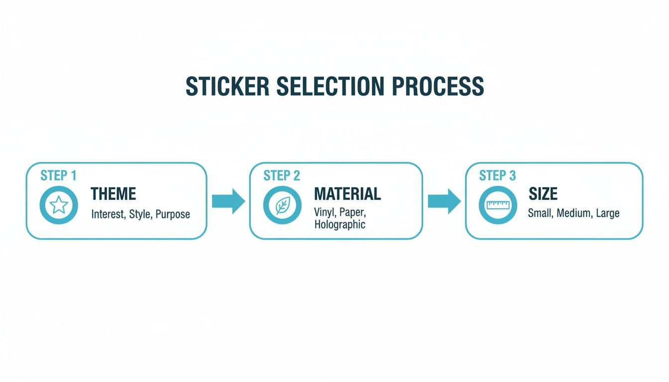 A three-step infographic outlining the sticker selection process based on theme, material, and size.