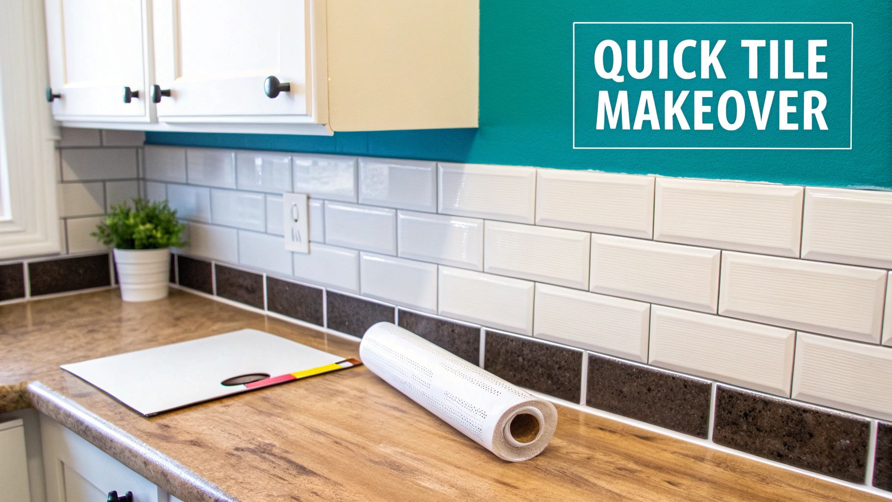A modern kitchen with a stylish, patterned peel-and-stick tile backsplash.