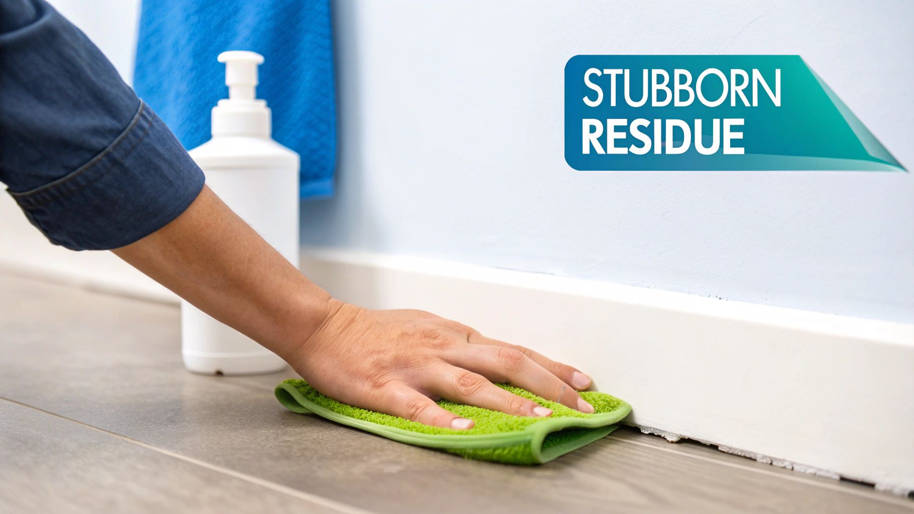 Person cleaning stubborn residue from a white baseboard with a green microfiber cloth.