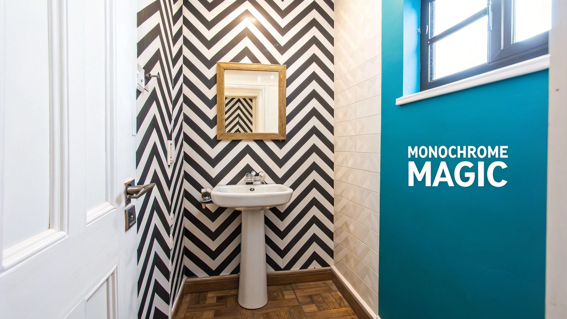 A chic bathroom features black and white chevron wallpaper, a white pedestal sink, and a vibrant teal wall.