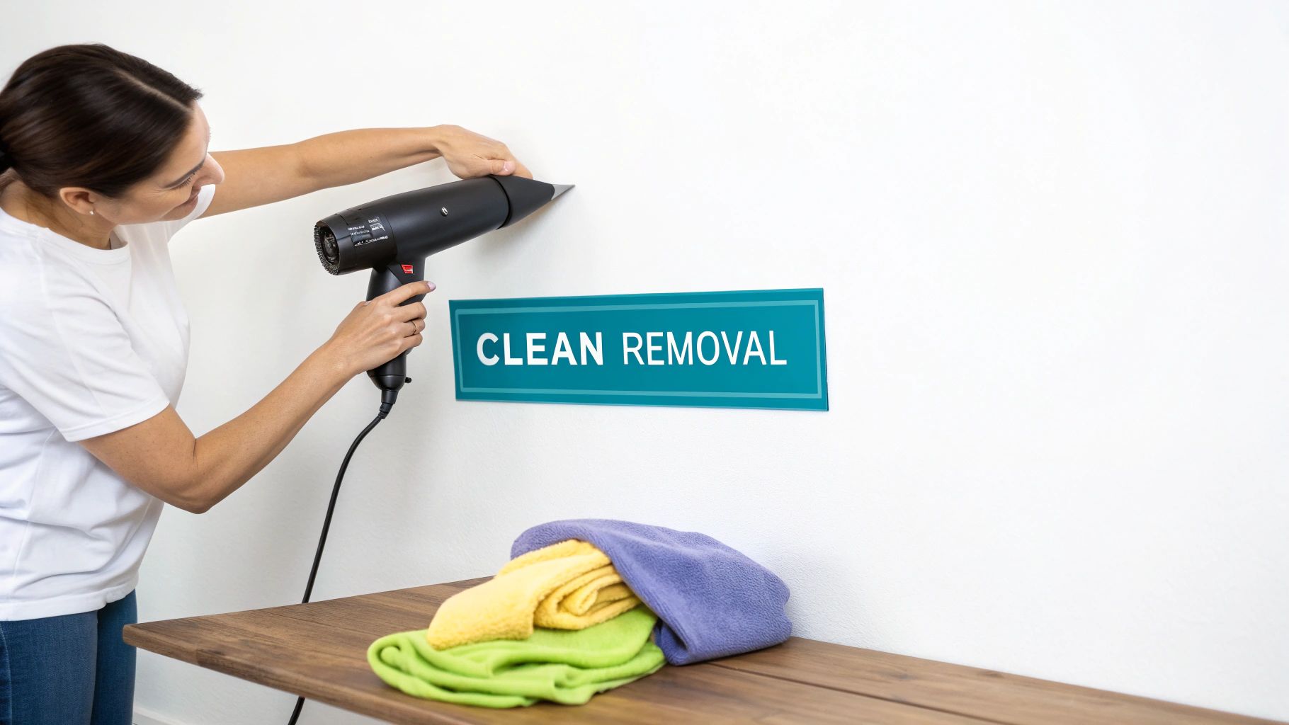 A woman uses a hairdryer to carefully remove a "CLEAN REMOVAL" sign from a white wall.