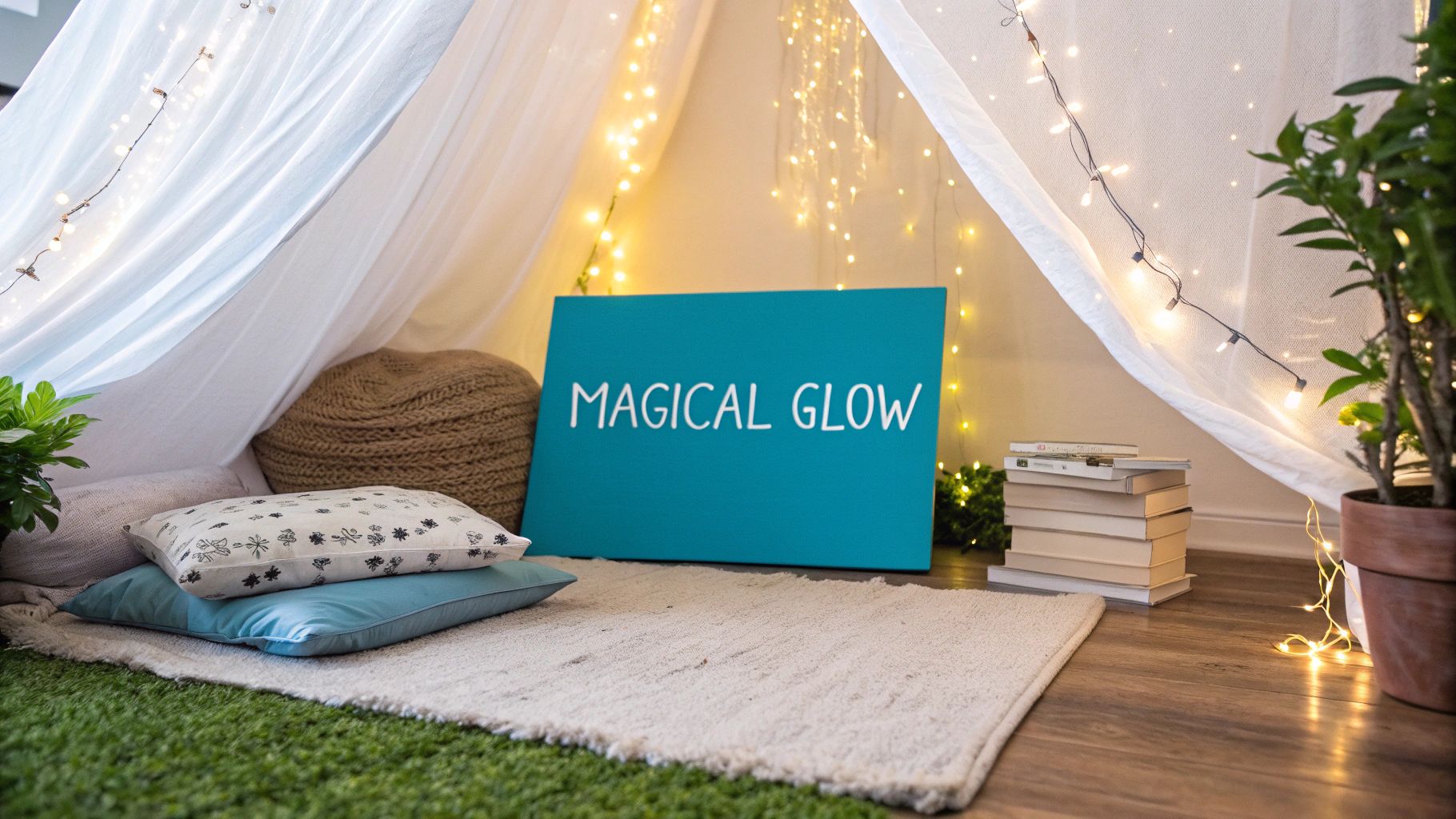 A cozy indoor tent with warm string lights, pillows, books, and a 'Magical Glow' sign.