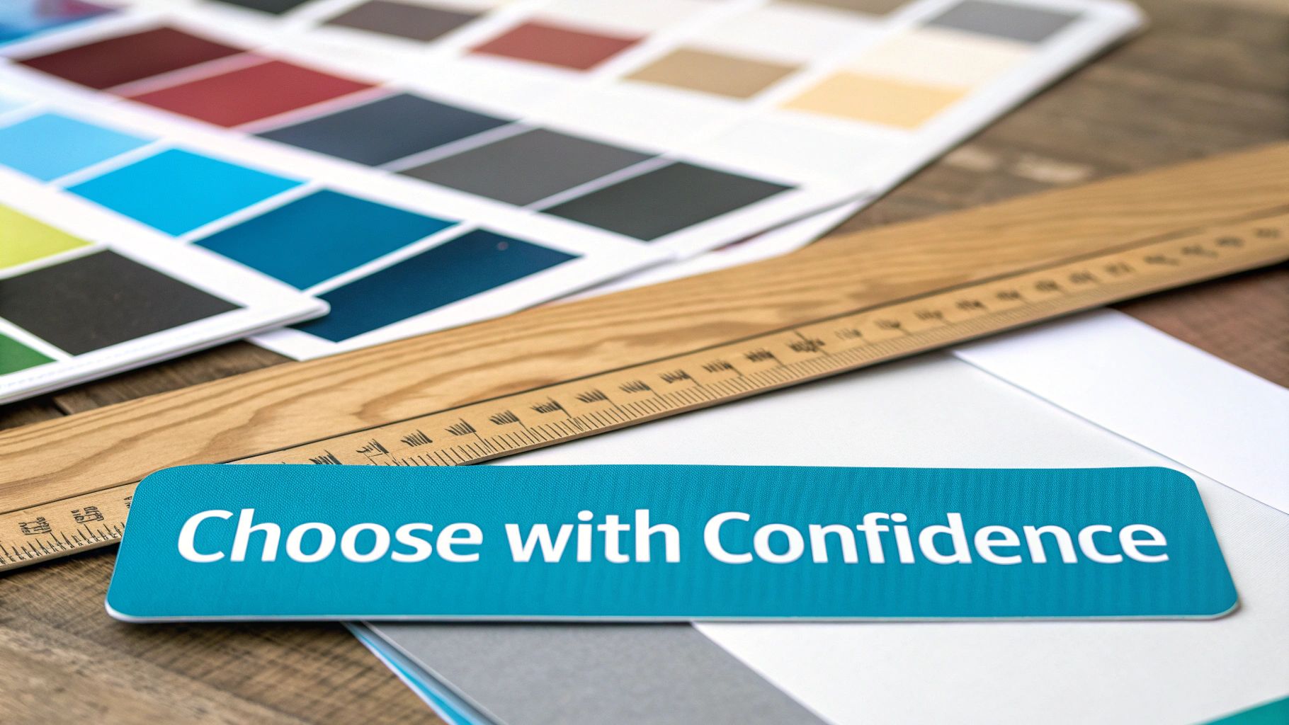 A blue 'Choose with Confidence' tag, wooden ruler, and color swatch cards on a wooden table.