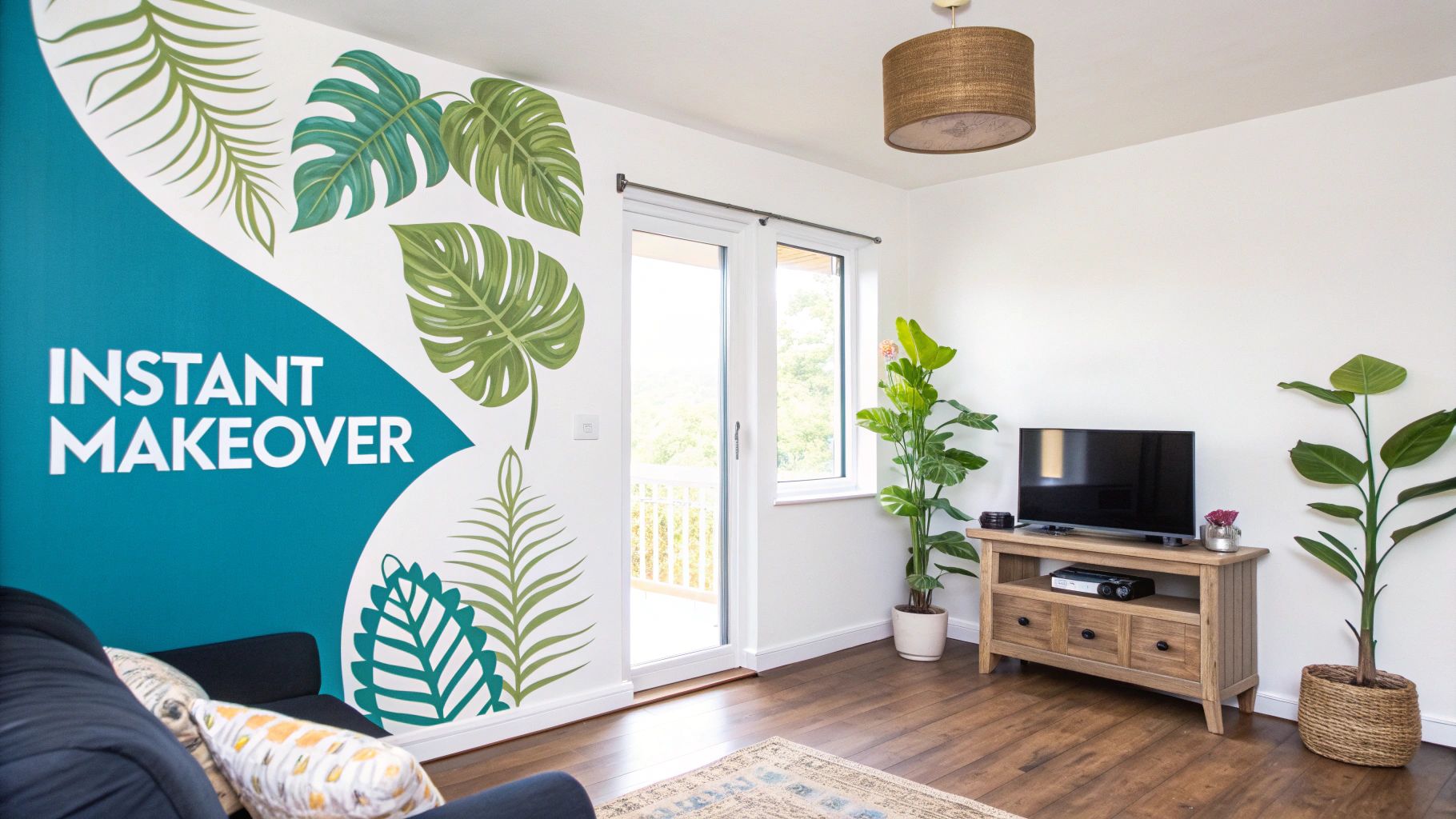 A modern living room featuring a large teal and white tropical leaf wall mural with text.