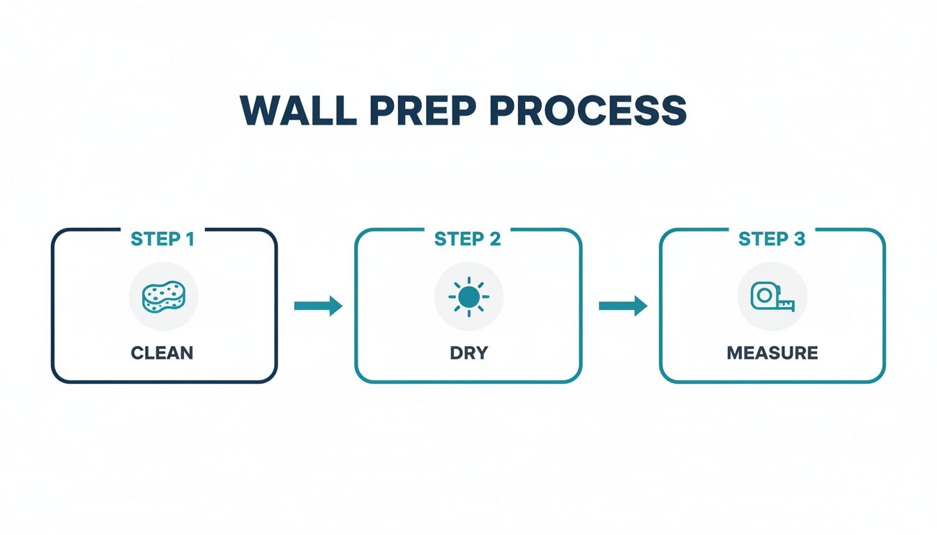 Infographic showing the three essential steps for wall preparation: cleaning, drying, and measuring.